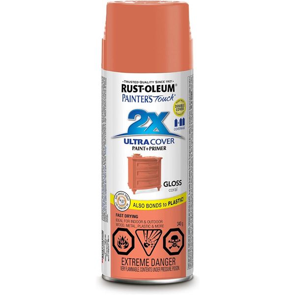 THREE 340G CANS OF RUST-OLEUM GLOSS CORAL