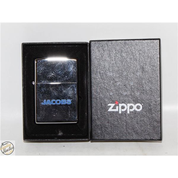 NEW ZIPPO LIGHTER IN ORIGINAL CASE. JACOBS