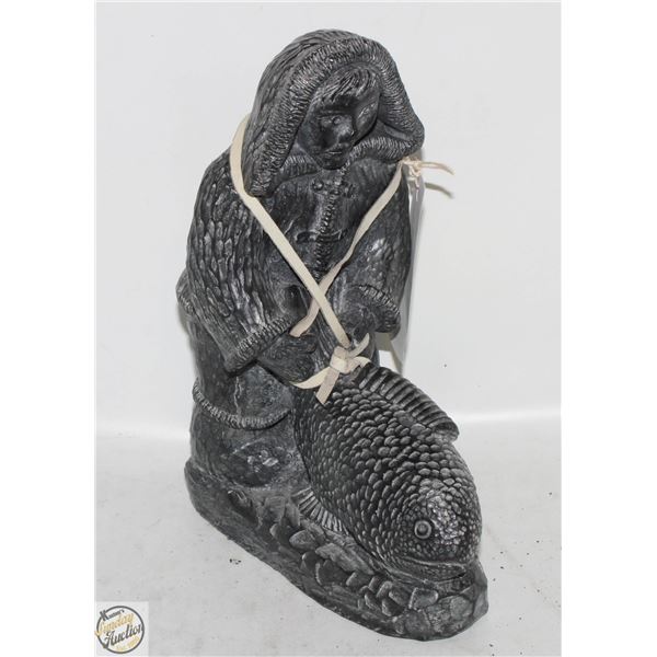 HEAVY INUIT ESKIMO W/ FISH SOAPSTONE SCULPTURE