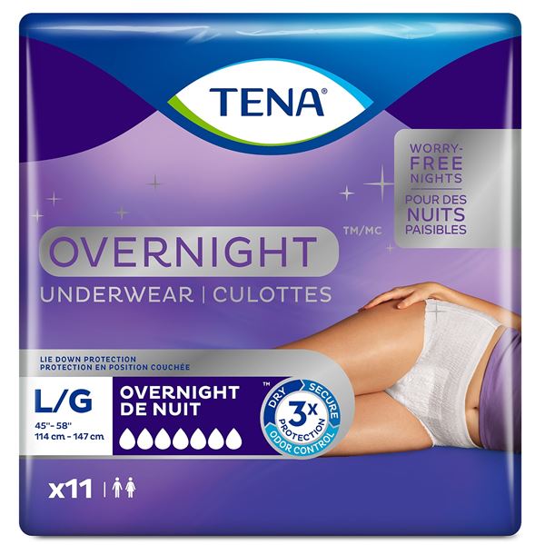 11 PACK OF TENA SIZE LARGE OVERNIGHT UNDERWEAR