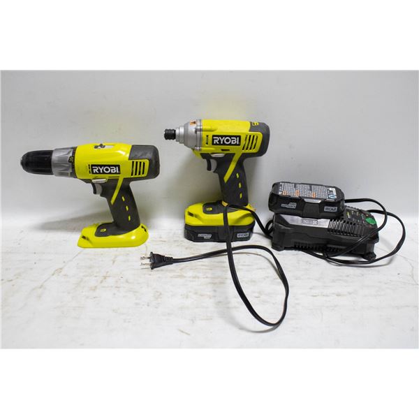 RYOBI DRILL DRIVER AND IMPACT WITH CHARGER AND 18V