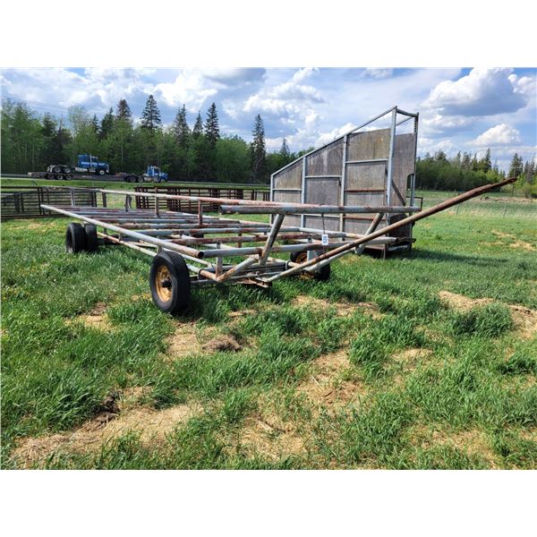 Heavy duty bale wagon. Approx 26ft long, 9ft wide. Dual rear axles,
