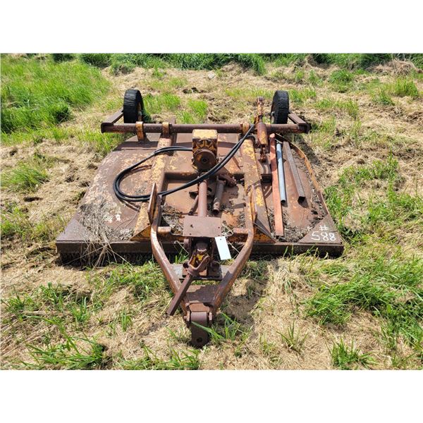 74" rough cut mower. PTO drive, trail type. Needs work.