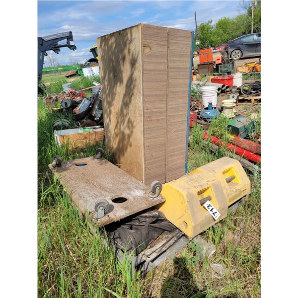 Wheel chocks, wood cabinet, assorted misc.
