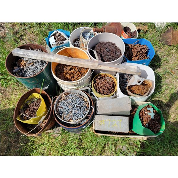 Pallet of pails of nails, and screws.