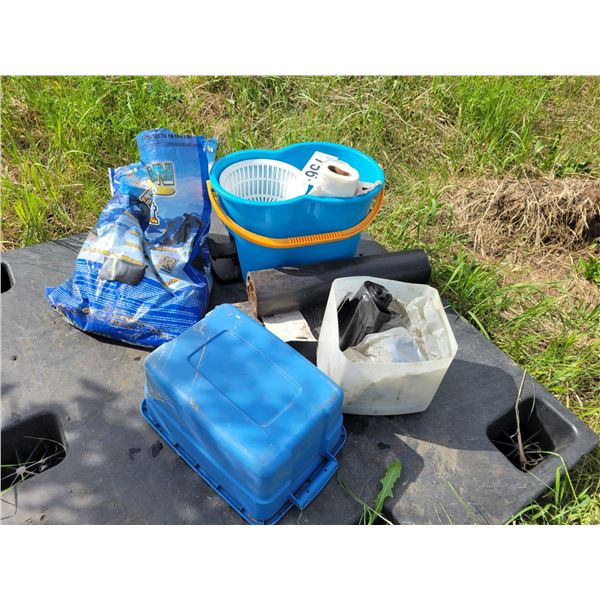 Plastic pipe wrap, floor mop, bucket, ice melt.