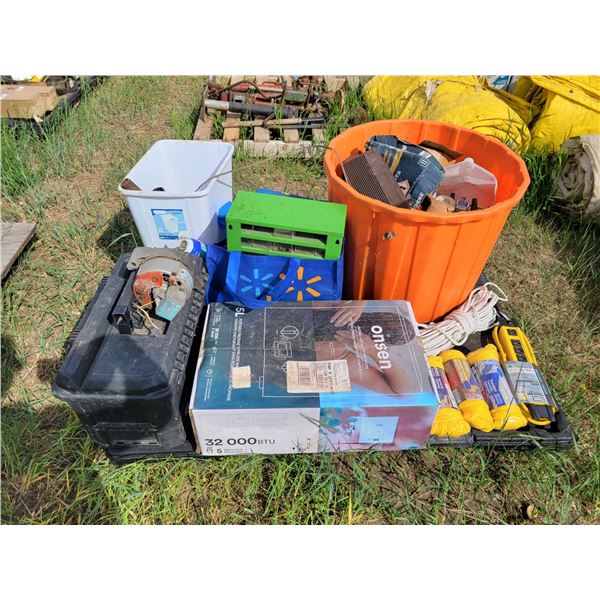 Klondike grease, propane hot water heater, stand, power bar, pump and misc.