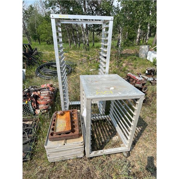 Restaurant trays, and racks w/ wheels.