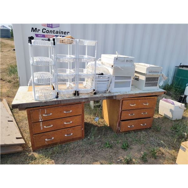 Selection of plastic racks, 2 air conditioning units, and wooden desk.