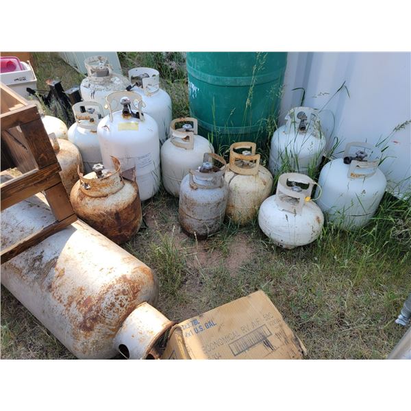 Propane tanks w/ propane. 2-20lbs, 3-30lbs, 3-10lbs, 2-100lbs.