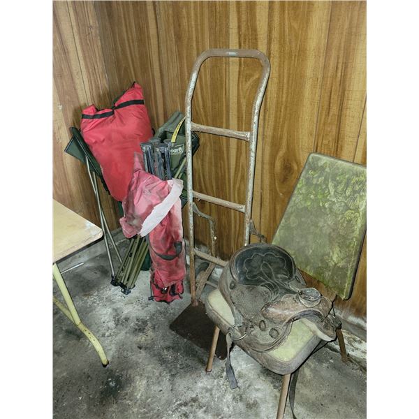 1 round table, 3 chairs, sleeping bags, dolly and misc.
