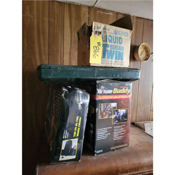 Portable buddy heater, portable gas grilll, 3 burner Coleman grill.