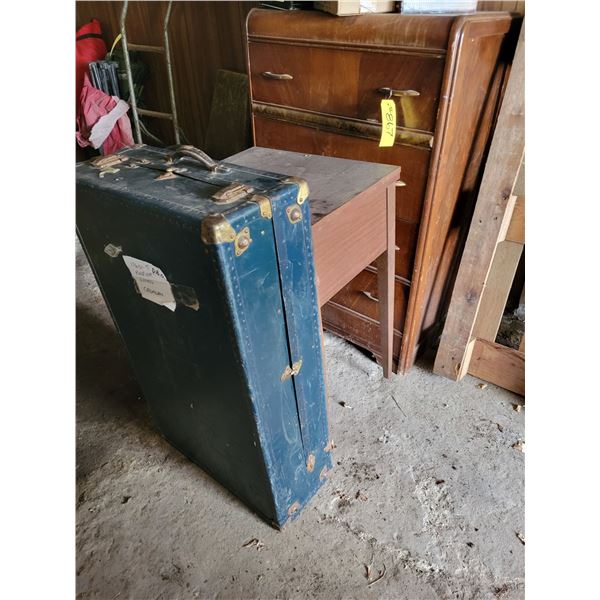 Vintage dresser, singer sewing machine w/table, and a trunk.