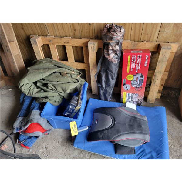 Heated back massager, canvas blanket, hitch mount bike carrier, weatherproof speakers, moultrie trai