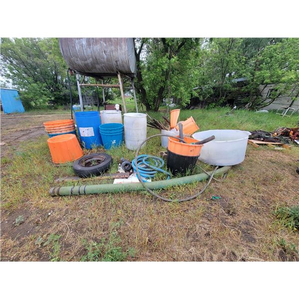 Qty  of barrels, tubs,hose,fittings and misc.