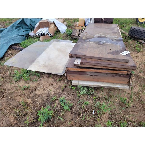 Qty  of wooden doors, approx 5,  2 are framed, and sheets of plexiglass.