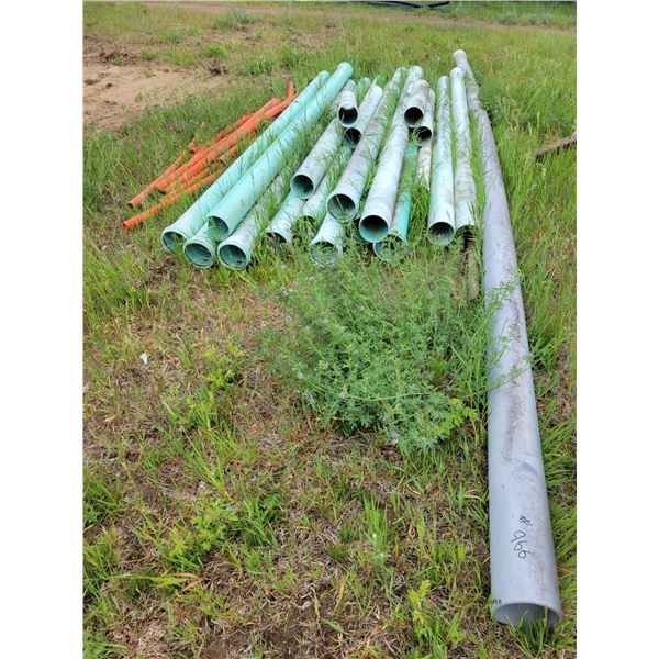 Qty  of approx 2" orange pvc pipe pieces, approx 6"manville pvc pipe pieces. Various lengths.