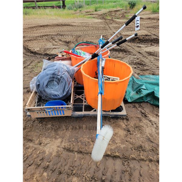 Fire torch, eavestrough cleaning brush, parts, and misc.