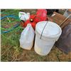 Image 4 : Pail of Powdered pressure washer soap, tomato cages, shovel, broom, jerry cans and misc.