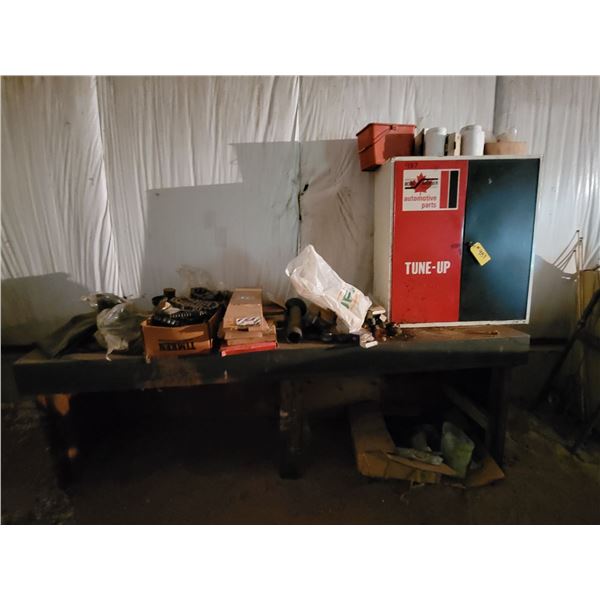 Metal table , parts cabinet, bearings, roller chains, tire tubes and misc.