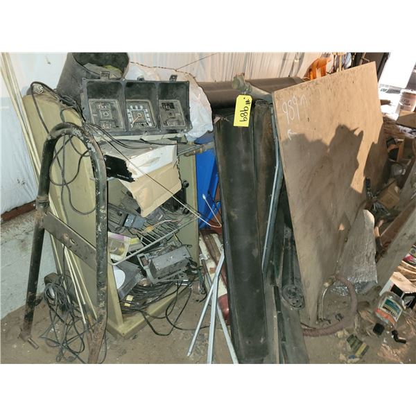 Contents of south wall of shop. 3 hydrants as new, welding exhaust fan, vent, various parts etc.