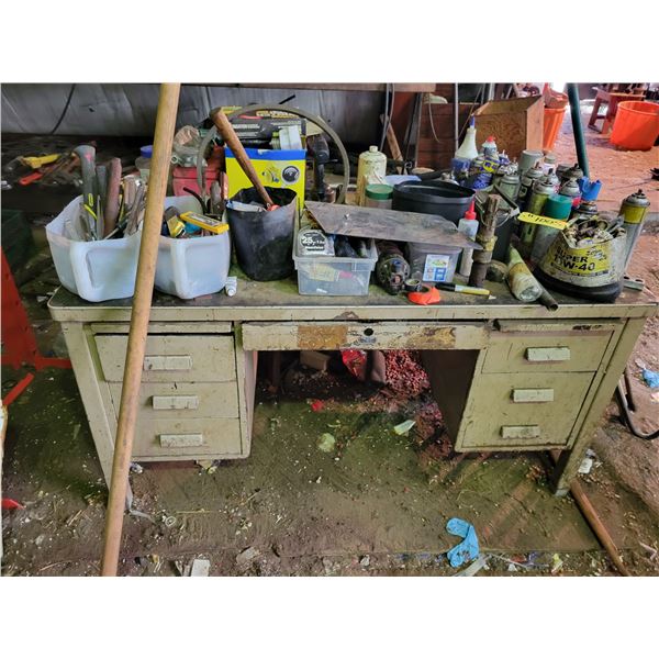 Metal desk w/contents.Aerosels, tools, axes, hammers etc.