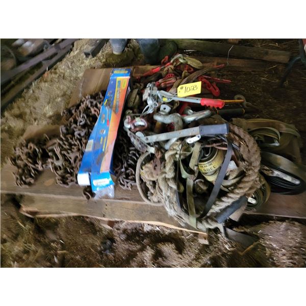 Pallet of chains, shackles,cable puller, straps and misc.