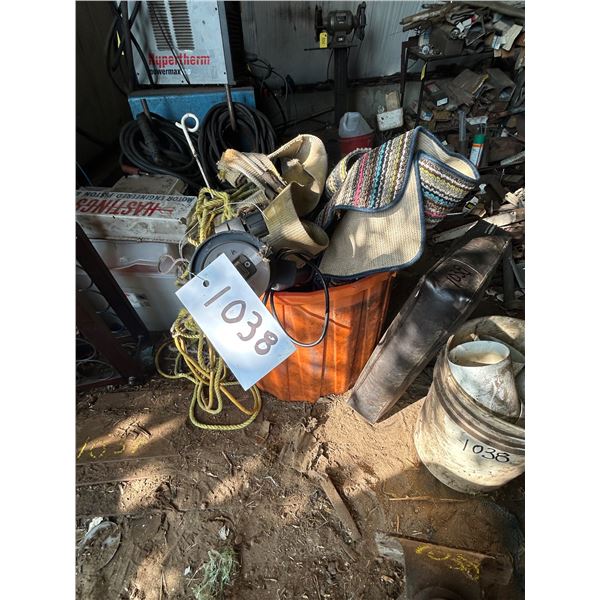 LED shop light, tow straps, cushion, camp trailer chemicals, grinder, parts and misc.