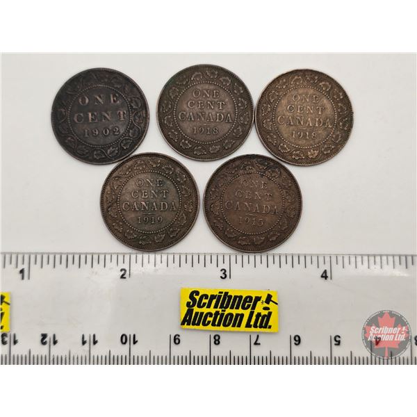 Canada Large Cent (5): 1902; 1915; 1918; 1918; 1919 (SEE PICS!)  (Listing & Descriptions are a GUIDE