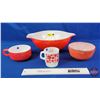 Image 1 : Vintage Red Dish Group: (4) - Pyrex 444 Friendship Bowl - Small Fire King Mixing Bowl - Glasbake Sou