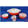 Image 2 : Vintage Red Dish Group: (4) - Pyrex 444 Friendship Bowl - Small Fire King Mixing Bowl - Glasbake Sou