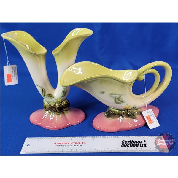 Vintage Hull Pottery "Woodland" (2) : Cornucopia W-10 & Double Bud Vase W-15 (SEE PICS!)
