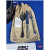 Image 2 : Round Metal Black Cannister w/Military Cotton Pouch & Eating Utensils (Cannister Measures : 3-3/4"H