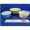 Image 1 : Pyrex Mixing Bowls (3) : Spring Blossom 403, Old Orchard 423 & Blue 401 (SEE PICS!)