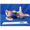 Image 2 : HULL Pottery (2): - Cornucopia Vase : Grey/Pink Spackle - Basket : Pink/Grey (Tallest Measures : 8"H