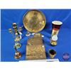 Image 2 : Brass Theme Collector Combo : Brass Bell/Candle Holder w/Bell Hammer, Glasses Holder, Tray, Match Sa