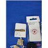 Image 10 : Brass Cricket Box w/Pins, Medallions, Tokens, Shark Tooth, Wade Ornament, Tie Clip, Key Tag, etc (Bo