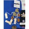 Image 11 : Brass Cricket Box w/Pins, Medallions, Tokens, Shark Tooth, Wade Ornament, Tie Clip, Key Tag, etc (Bo