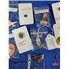 Image 13 : Brass Cricket Box w/Pins, Medallions, Tokens, Shark Tooth, Wade Ornament, Tie Clip, Key Tag, etc (Bo