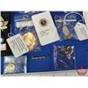 Image 16 : Brass Cricket Box w/Pins, Medallions, Tokens, Shark Tooth, Wade Ornament, Tie Clip, Key Tag, etc (Bo
