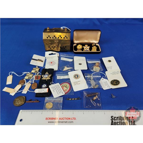 Brass Cricket Box w/Pins, Medallions, Tokens, Shark Tooth, Wade Ornament, Tie Clip, Key Tag, etc (Bo