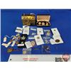 Image 1 : Brass Cricket Box w/Pins, Medallions, Tokens, Shark Tooth, Wade Ornament, Tie Clip, Key Tag, etc (Bo