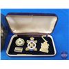 Image 2 : Brass Cricket Box w/Pins, Medallions, Tokens, Shark Tooth, Wade Ornament, Tie Clip, Key Tag, etc (Bo