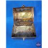 Image 4 : Brass Cricket Box w/Pins, Medallions, Tokens, Shark Tooth, Wade Ornament, Tie Clip, Key Tag, etc (Bo