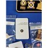 Image 7 : Brass Cricket Box w/Pins, Medallions, Tokens, Shark Tooth, Wade Ornament, Tie Clip, Key Tag, etc (Bo
