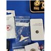 Image 8 : Brass Cricket Box w/Pins, Medallions, Tokens, Shark Tooth, Wade Ornament, Tie Clip, Key Tag, etc (Bo