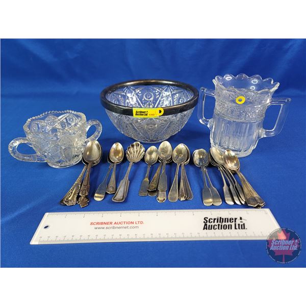 Cut Glass Serving Bowl; Silverware & Double Handle Cut Glass Pitchers (SEE PICS!)