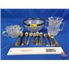 Image 1 : Cut Glass Serving Bowl; Silverware & Double Handle Cut Glass Pitchers (SEE PICS!)
