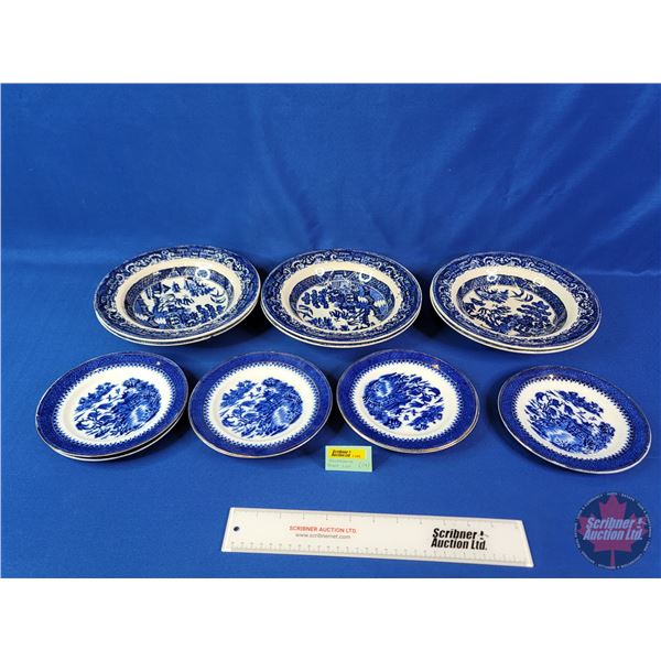 Blue & White "Opaque China" Dish Set (14 Pieces) : Bowls & Dessert Plates (SEE PICS!)