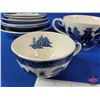 Image 8 : Blue & White "Made in England" Dish Grouping (15 Pieces) : Covered Soup Tureen, Creamer, Tea Cups, S